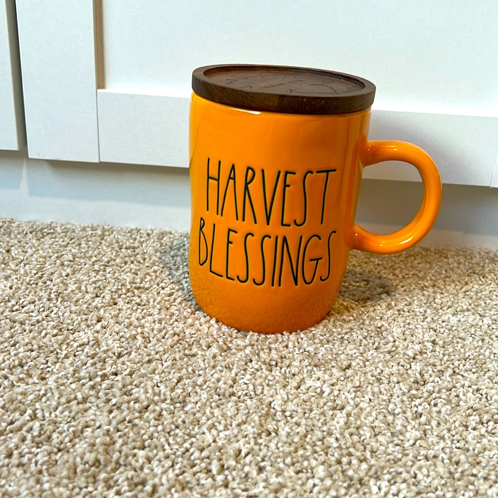 Rae dunn fall mug with coaster topper “harvest blessings”